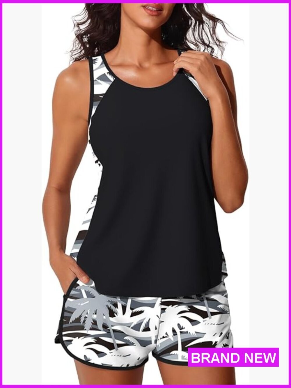 Tummy Control Tankini Set with Swim Shorts and Pockets Blouson Style